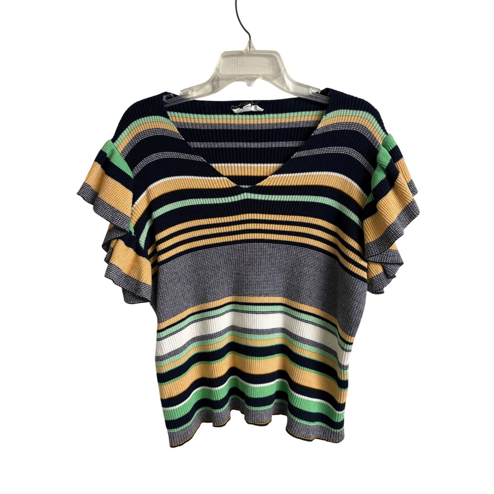 THML Women Multi Color Striped Ruffle Sleeve V-Neck Cotton Knit‎ Top Large